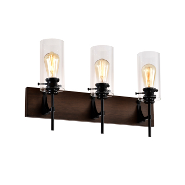 3-Light Matte Black + Wood Color Bathroom Light Fixtures